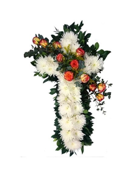 Croix de deuil chrysanthèmes et roses | Funérarium Majorque