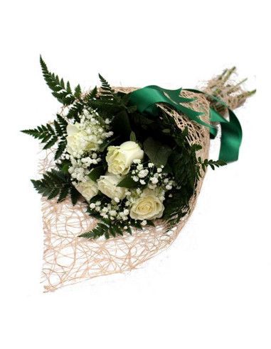 Букет 5 белых роз с гипсофилой | Floristería Mallorca