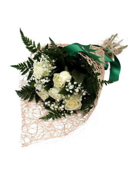 Букет 5 белых роз с гипсофилой | Floristería Mallorca