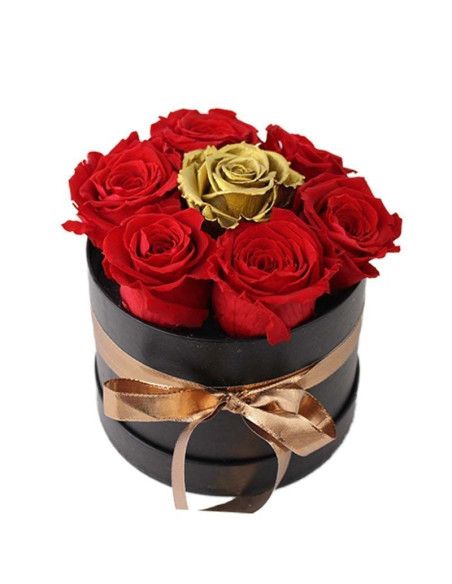 Schachtel mit 7 ewigen Rosen - 6 rote und eine goldene - Mallorca Florist