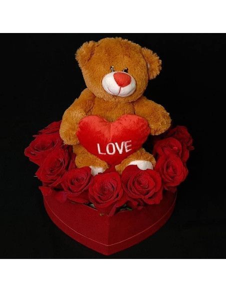 Heart of roses and teddy bear - Mallorca Florist