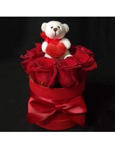 Caja de Rosas Rojas y Osito | Floristería Mallorca