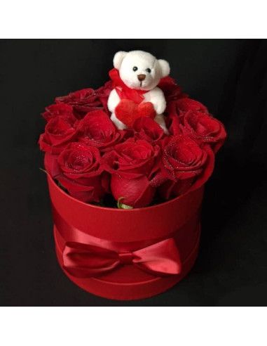 Caja de Rosas Rojas y Osito | Floristería Mallorca