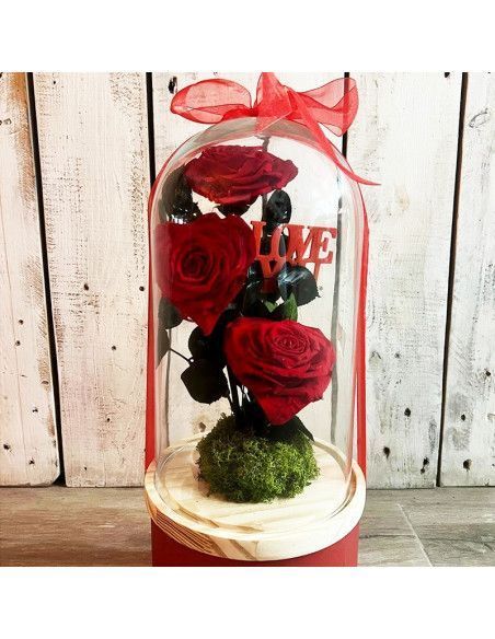 Glass Dome with 3 Preserved Roses with Heart – Eternal Rose in Mallorca