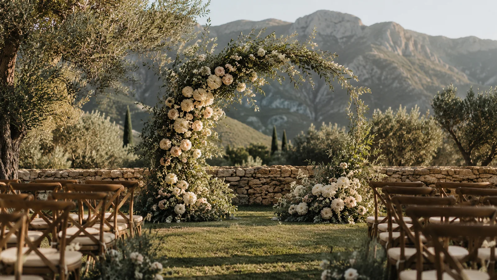Organic, asymmetrical wedding arch decorated with flowers at a Mallorca finca