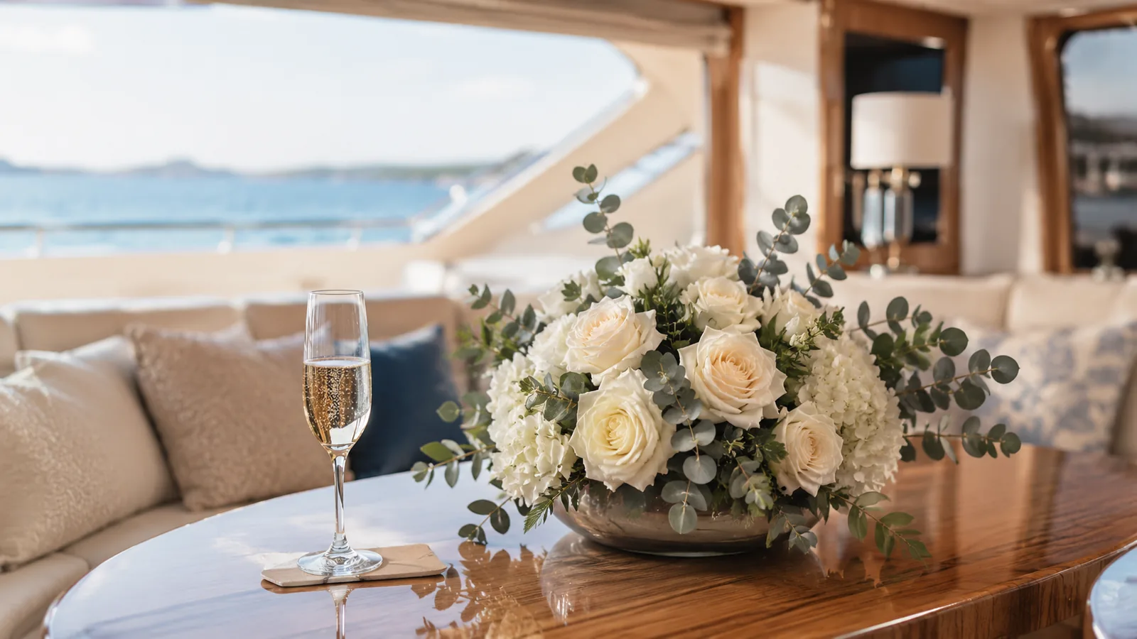 Floral welcome arrangement in the interior saloon of a yacht in Mallorca
