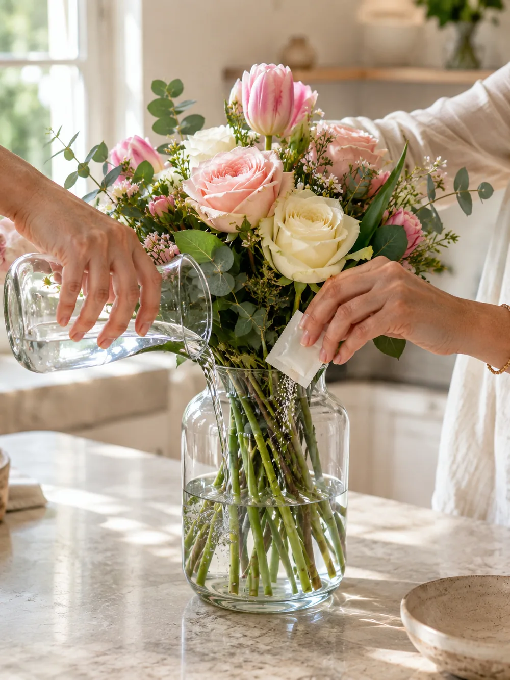Changing the vase water and adding flower food to the flowers