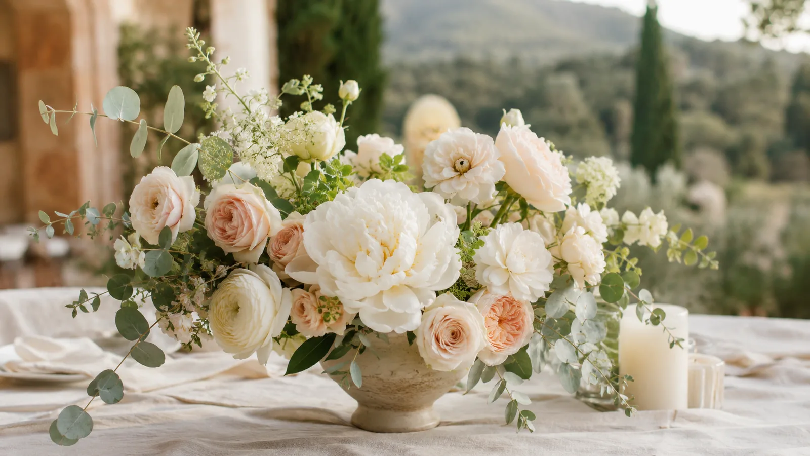 Wedding centrepiece with seasonal flowers for a wedding in Mallorca, natural style