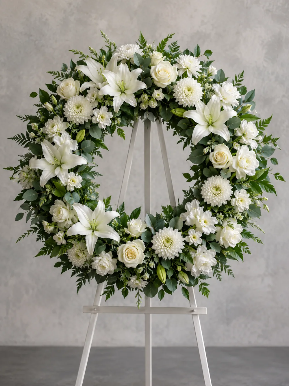 Funeral wreath of white flowers on a stand
