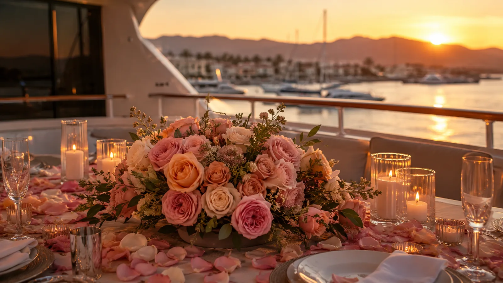 Floral decoration on a yacht deck at sunset in a Mallorca port