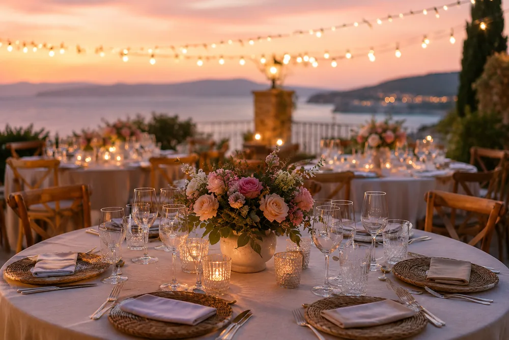 Flores de mesa en un evento en la terraza de un hotel de Mallorca