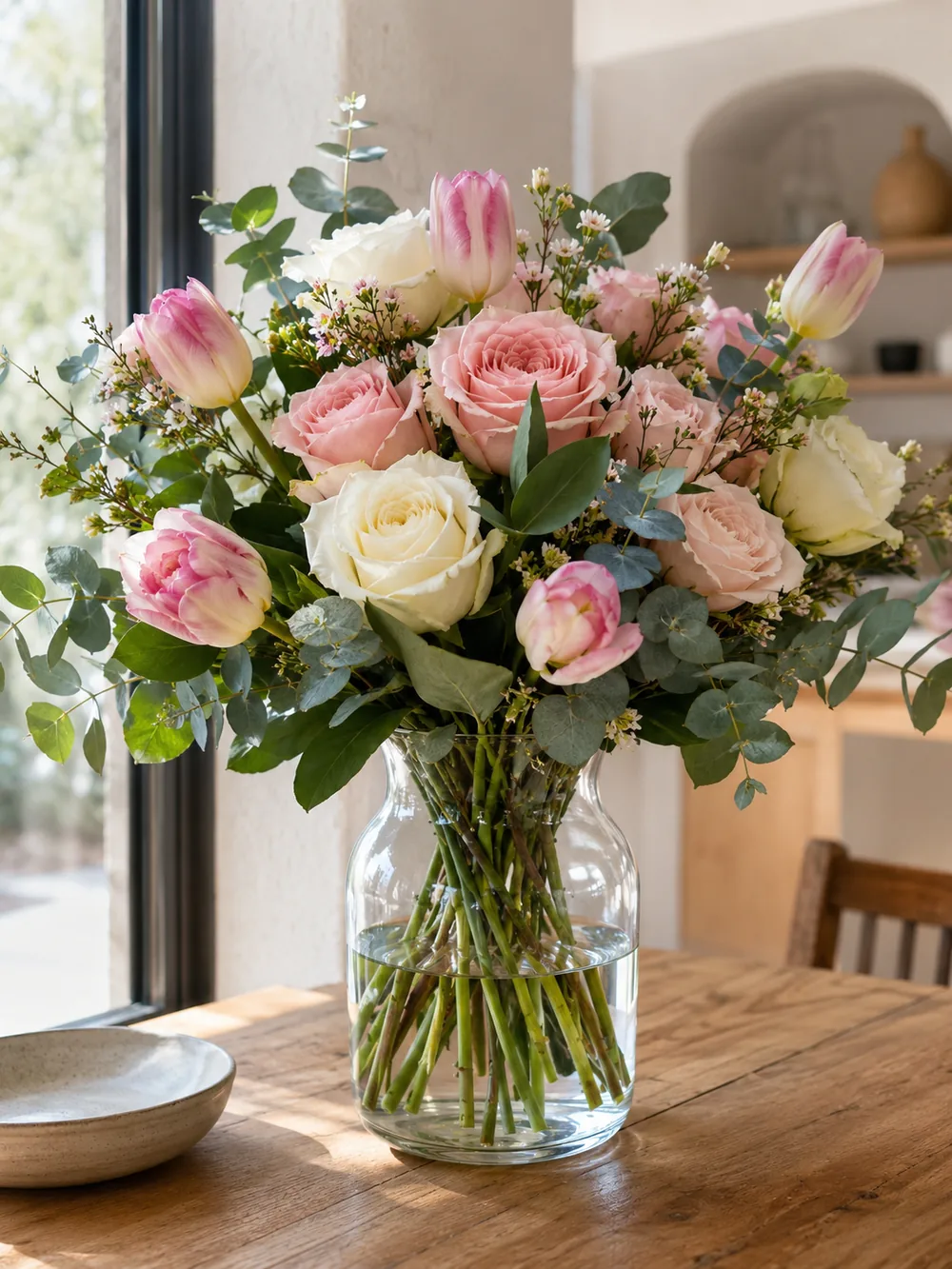 Bouquet of fresh flowers in a clean glass vase with natural light, in Mallorca