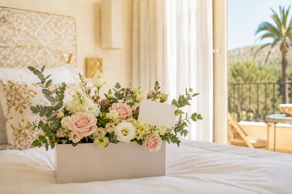 Ramo de flores frescas sobre la cama de una habitación de hotel en Mallorca