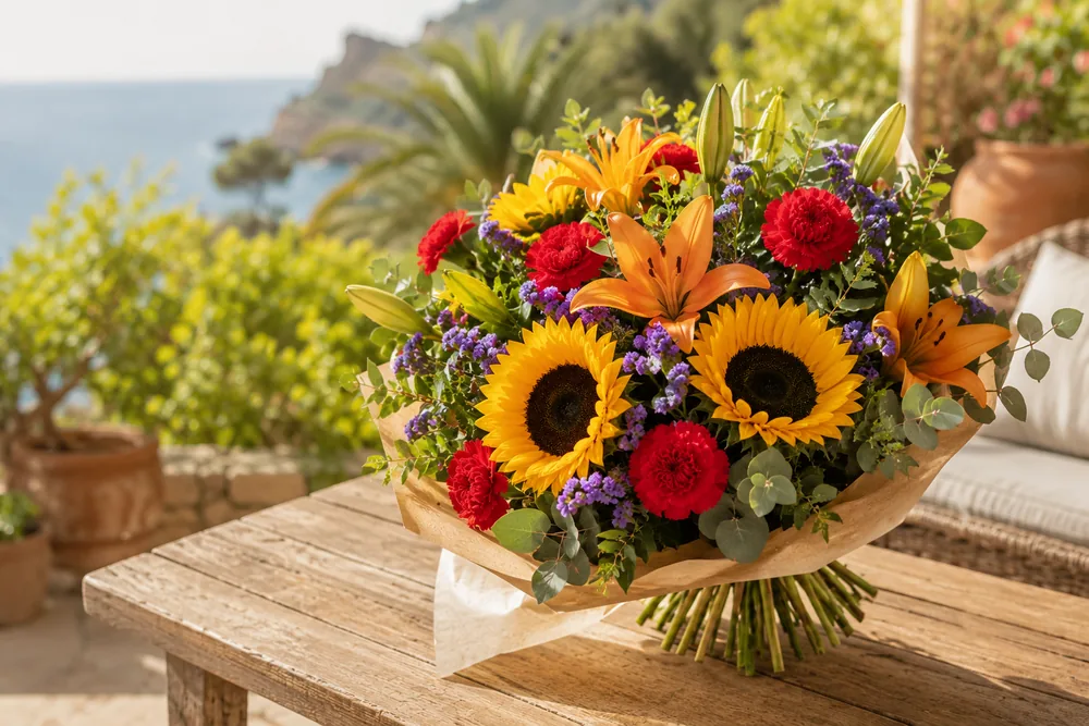 Ramo de girasoles, lilium y claveles en una terraza mediterránea con vistas al mar