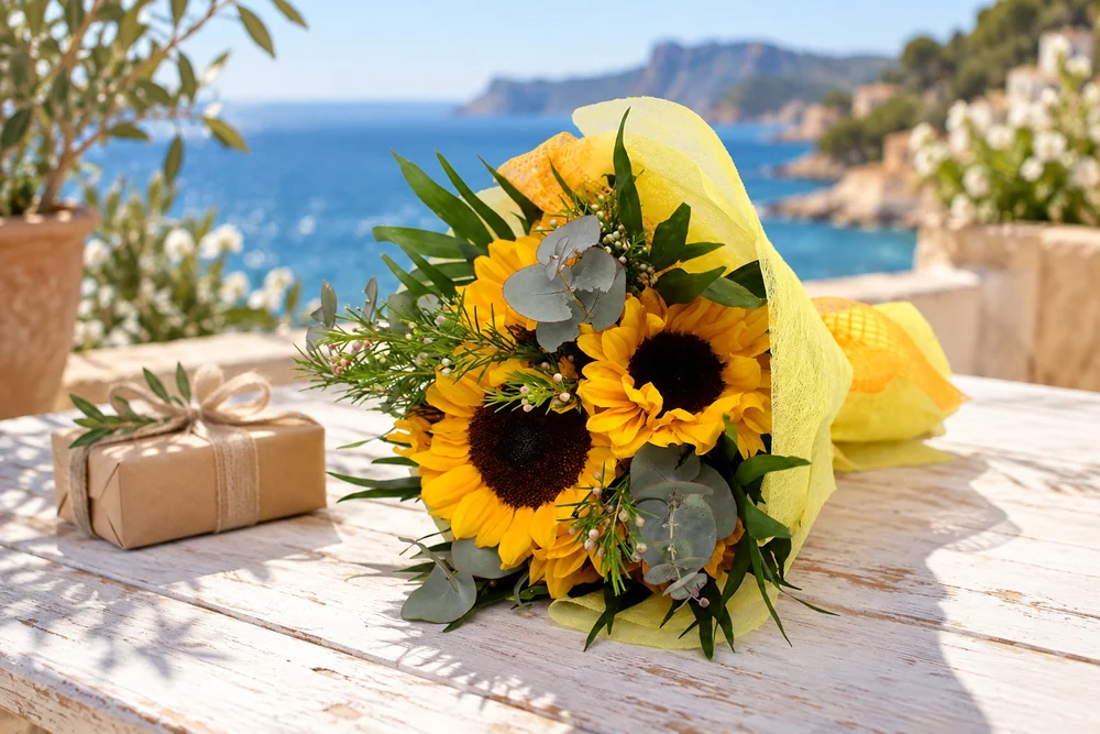 Ramo de girasoles con eucalipto sobre una mesa de terraza junto al mar en Mallorca