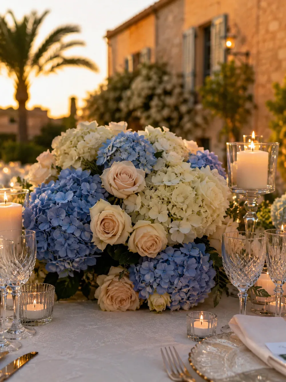 Wedding centrepiece with hydrangeas for a wedding in Mallorca