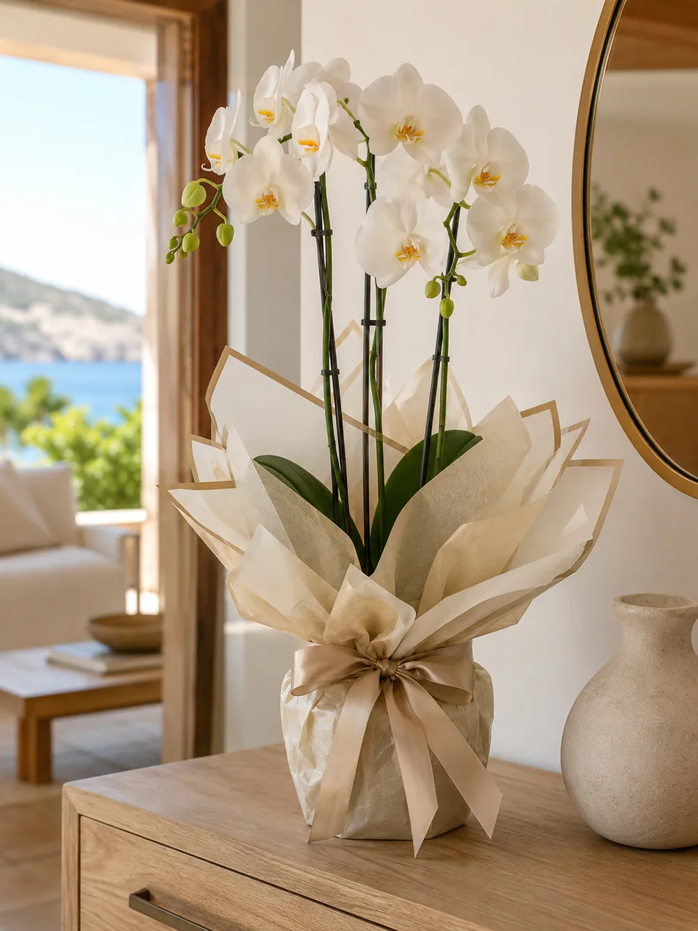 Orchid as an elegant gift in a Mediterranean home in Mallorca