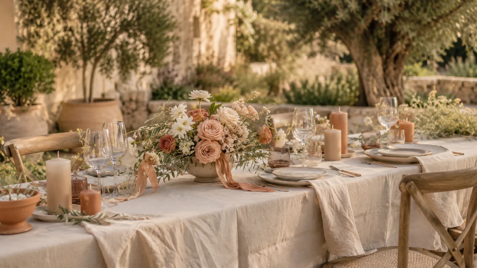 Mediterranean chic wedding table with the 2026 earth-tone and cream colour palette in Mallorca