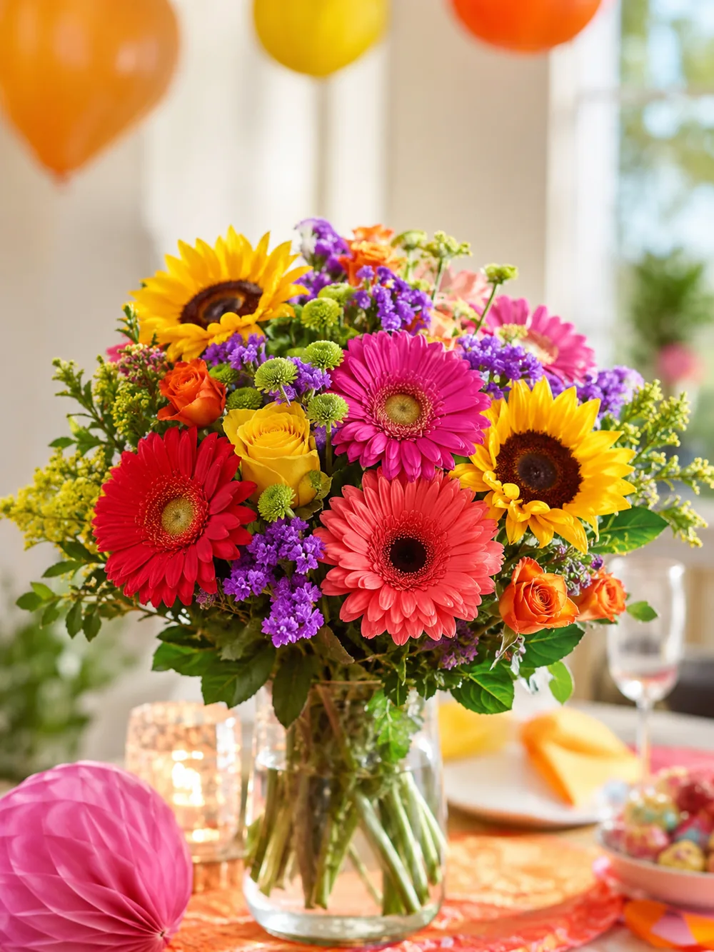 Colourful birthday bouquet with sunflowers and mixed flowers