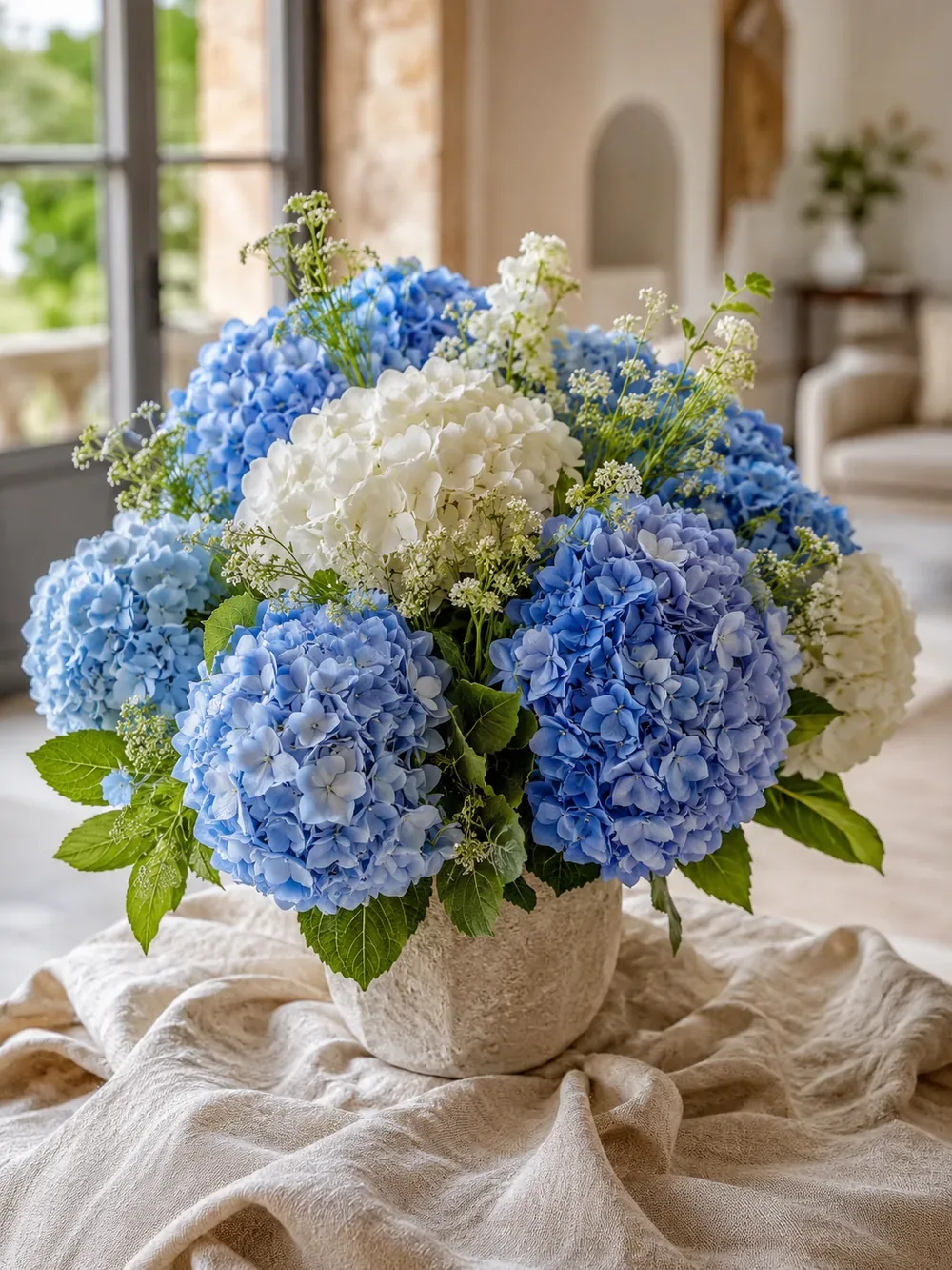 Fresh blue and white hydrangea bouquet, elegant close-up, in Mallorca