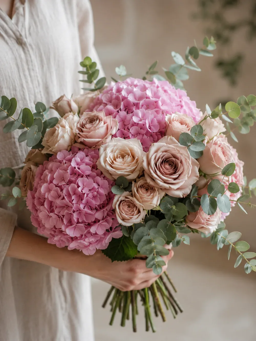 Pink hydrangea bouquet with roses and eucalyptus, natural style, in Mallorca