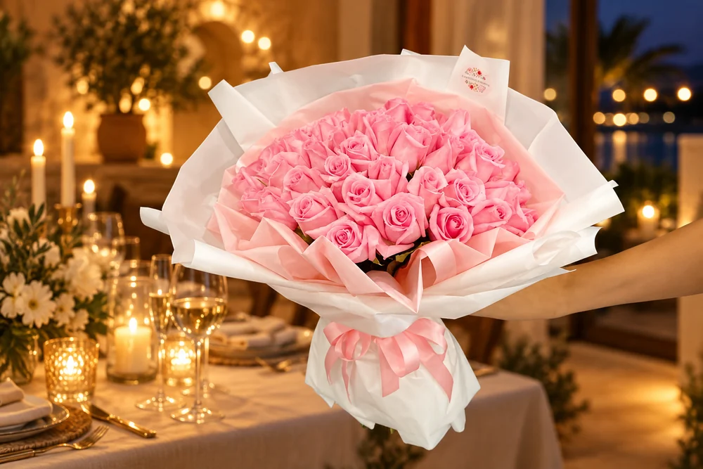 Ramo XXL de rosas rosadas en una cena de cumpleaños con velas