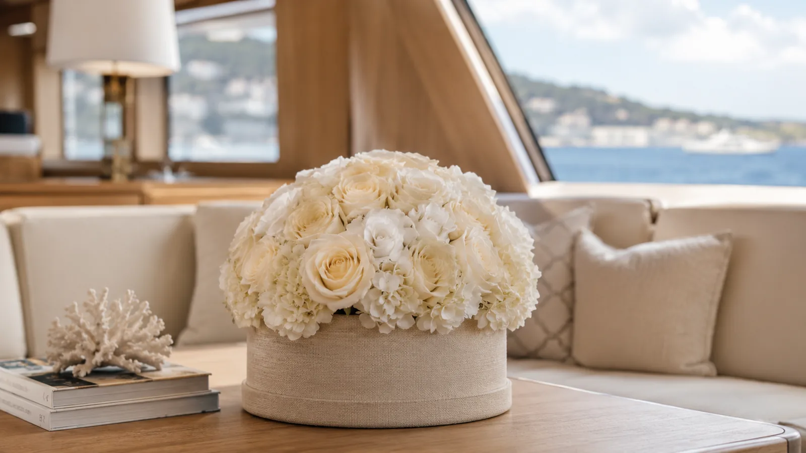 Preserved roses decorating the interior of a luxury yacht in Mallorca