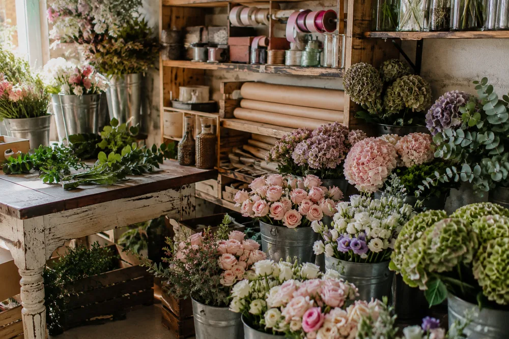 Taller de floristería con flores frescas en cubos