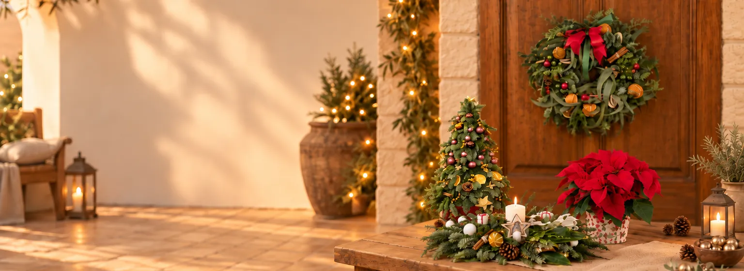 Natural Christmas tree, door wreath, poinsettia and Christmas centrepiece by Floristería Mallorca